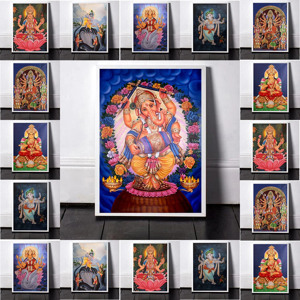 

Hinduism Lord Ganesha Laxmi India God Canvas Painting Durga Mata Religious Posters Wall Art for Living Room Bedroom Decoration