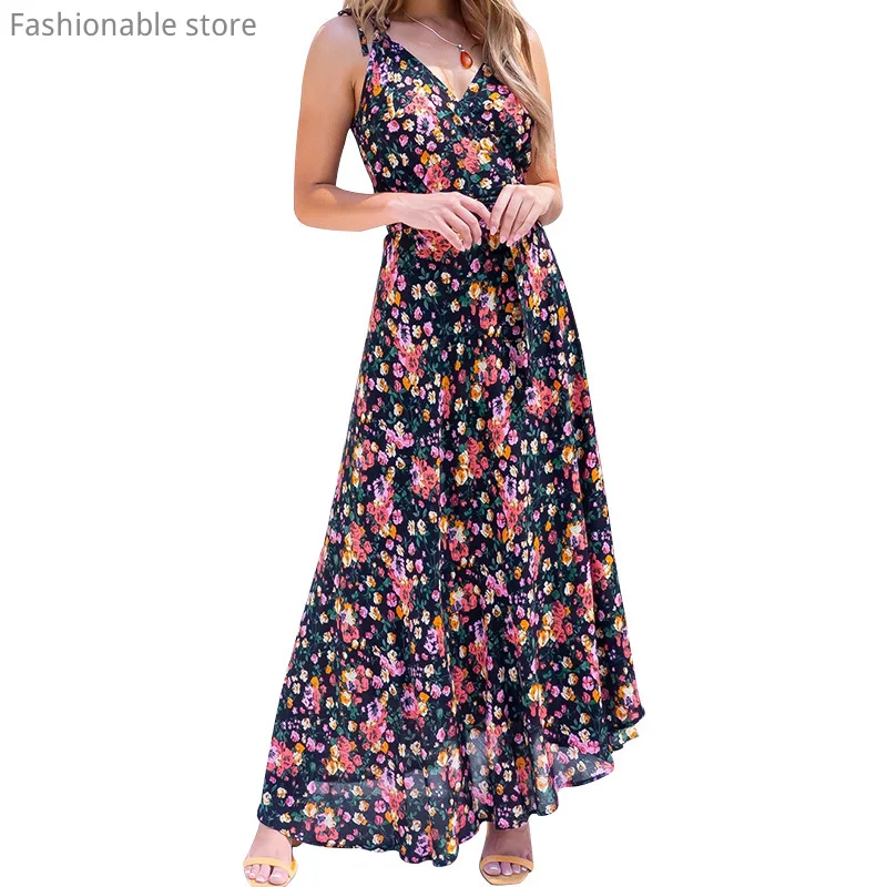 

Women Floral Print V Neck Maxi Dress Elegant Bohemian Spaghetti Strap Long Dress