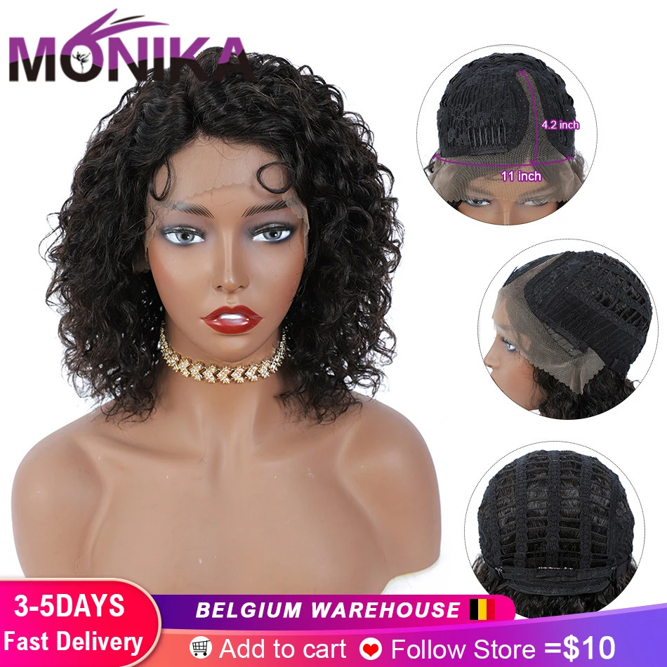 Monika Pre Plucked Brazilian Water Wave Black Ombre Color Human Hair T Part Lace Wig  150%  14inch Non-Remy Hair Wigs