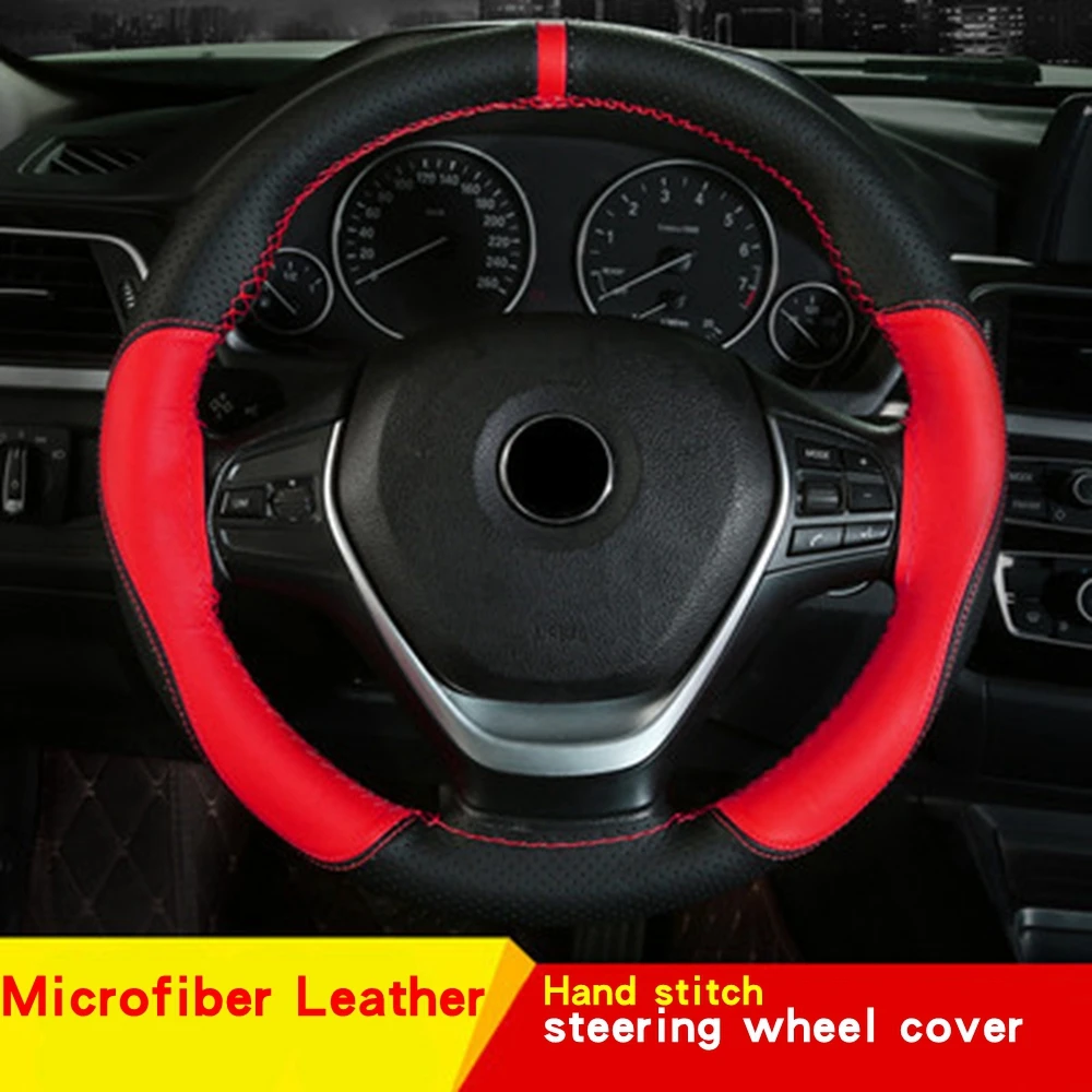 

38cm Top Layer Cowhide Soft Genuine Leather Braid Steering Wheel Cover Black Double Line Hand-stitched With Needle Thread