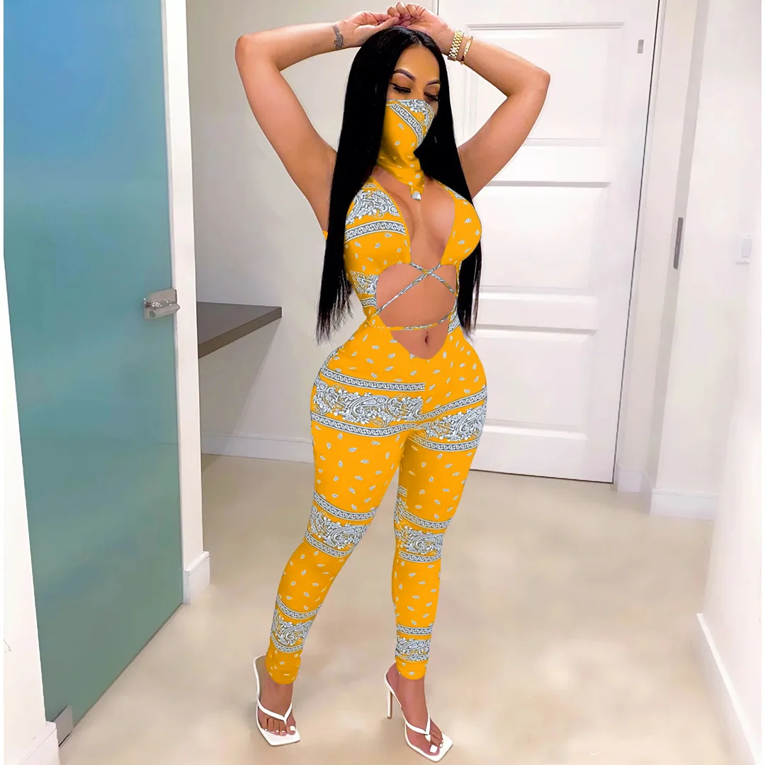 

Cutubly Hollow Out With Mask Playsuit Bandana Scarf Print Sexy Jumpsuits for Women 2020 New Fashion Bandage Women Sexy Jumpsuit