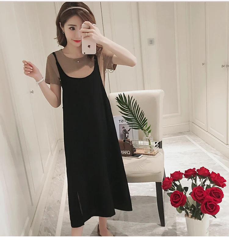 1927# 2PCS/Set Summer Korean Fashion Maternity Long Dress Sexy Sweet Side Splits Sling Dress for Pregnant Women Pregnancy Shirt