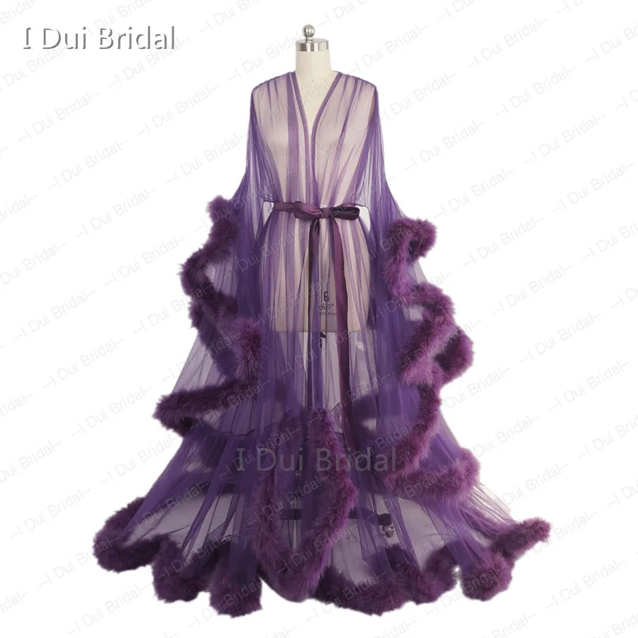 dark purple Румяна Розовый перо Свадебный халат Тюль Иллюзия свадебный подарок церемония праздничная одежда халат - Цвет: dark purple