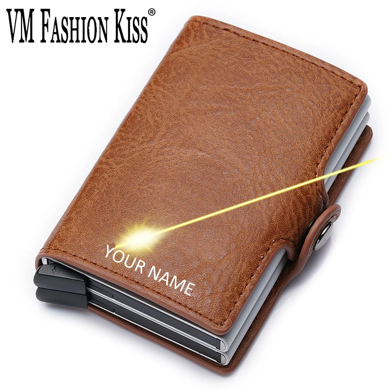 

VM FASHION KISS 2020 Engraving Rfid Wallet PU Crazy Horse Leather Men Mini Money Clip Credit Card ID Holder Magic Short Wallets