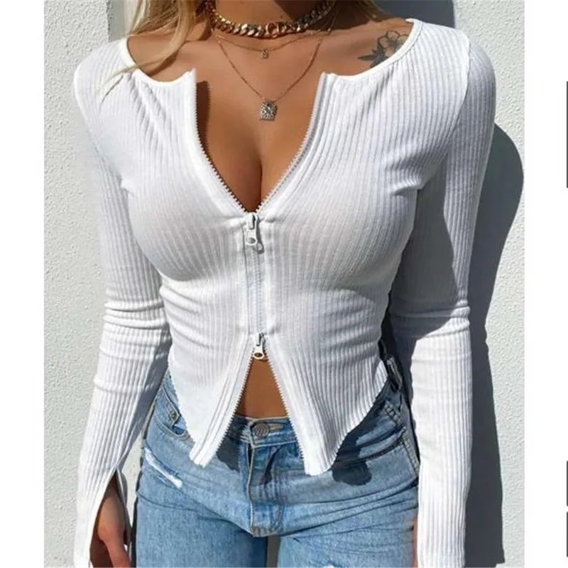 

Spring Sexy Ribbed Knitted Crop Tops Fashion Long Sleeve Zipper Design Women T-shirts Casual Temperament Slim Black White Tops