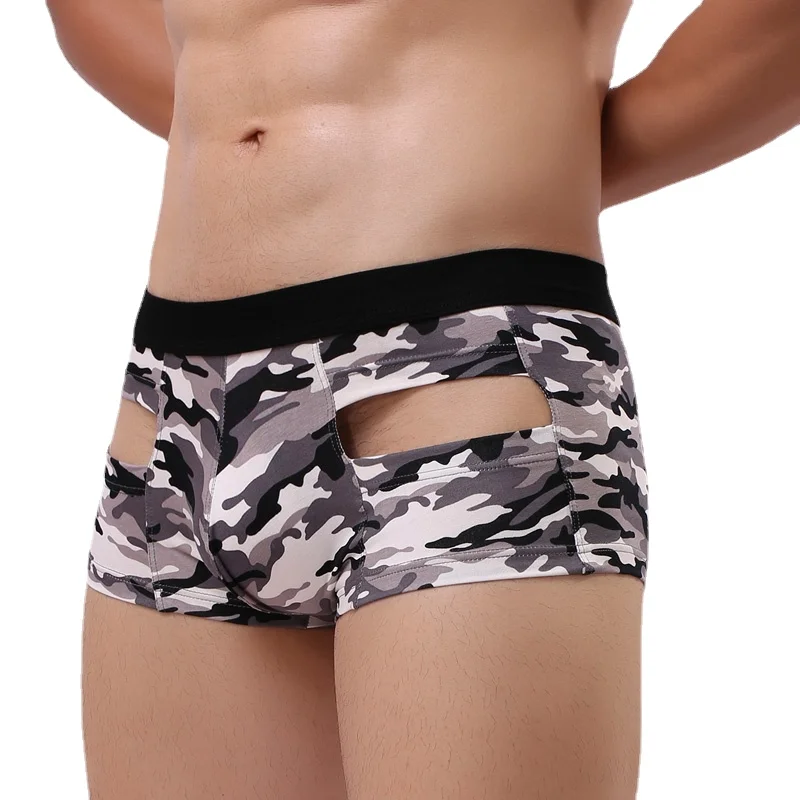 

Боксеры мужские с вырезами, пикантное нижнее белье, камуфляжные дышащие хлопковые шорты-боксеры с U-образной формы