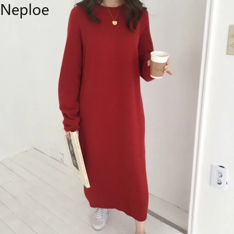 Neploe Корейский осень зима длинный свитер платье для женщин с длинным рукавом прямой вязаный пуловер Femme О образным вырезом твердые пуловеры новинка 46489