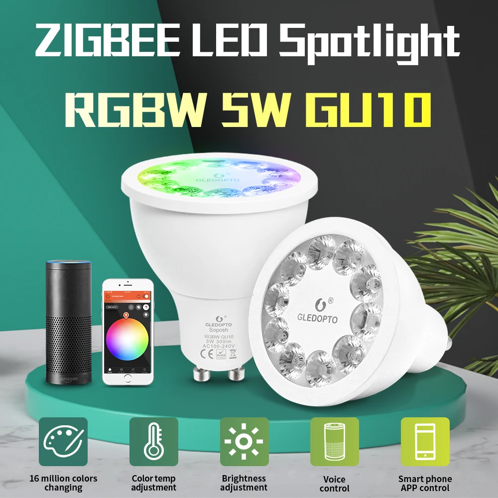 Zigbee 5 Вт RGBW GU10 Светодиодный точечный светильник AC100 240V RGB Smart App/голос/Дистанционное