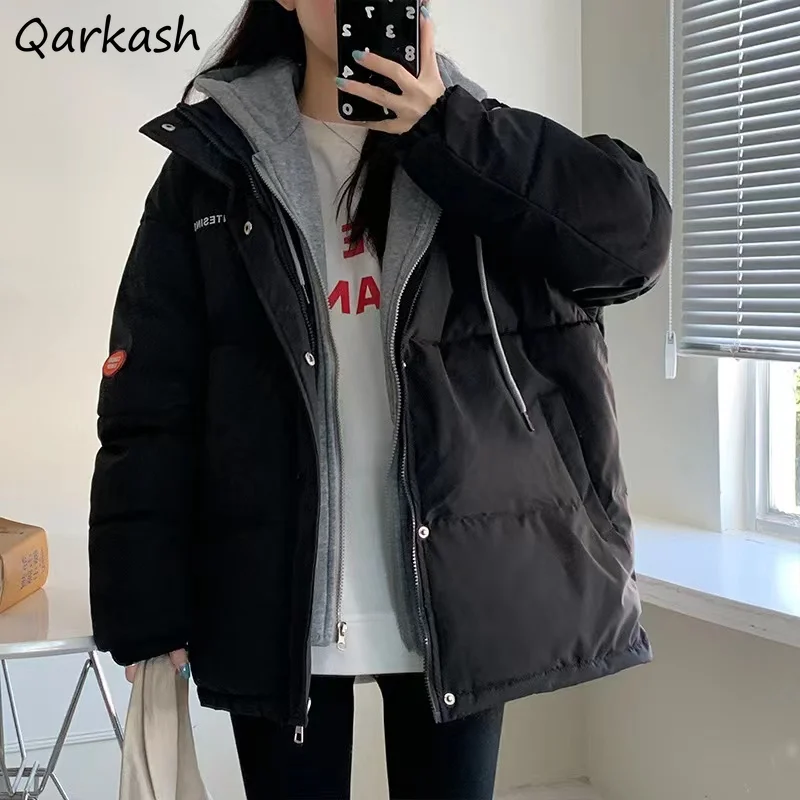

Fake Two Pieces Parkas Women Hooded Simple All-match Ulzzang Harajuku Fashion Solid Coats Warm Fit Zippers Chic Ins Streetwear