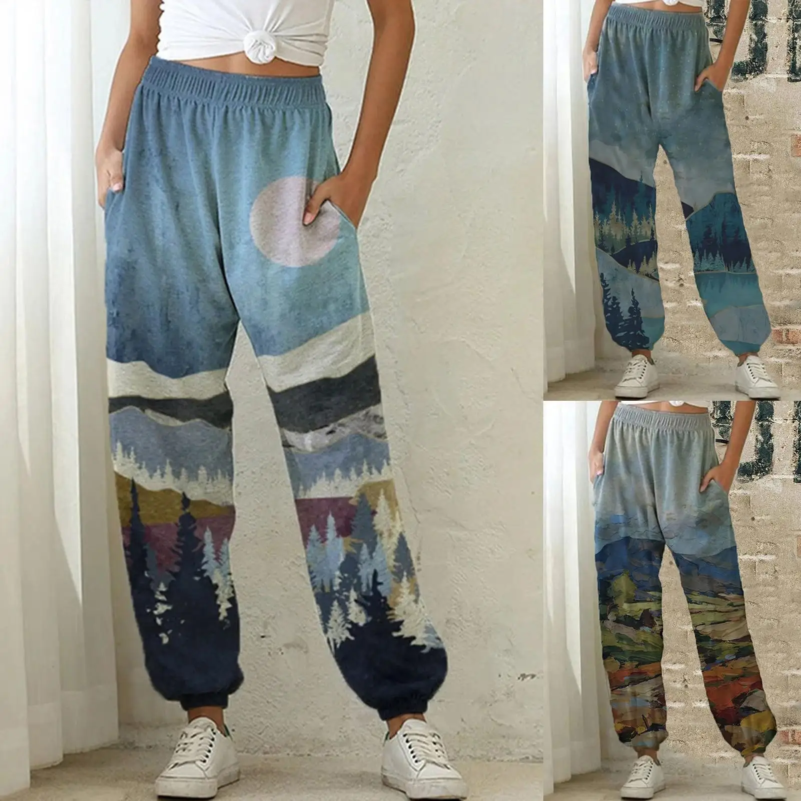 

Женские Модные свободные брюки с высокой талией и принтом в виде пейзажа, спортивные брюки с карманами