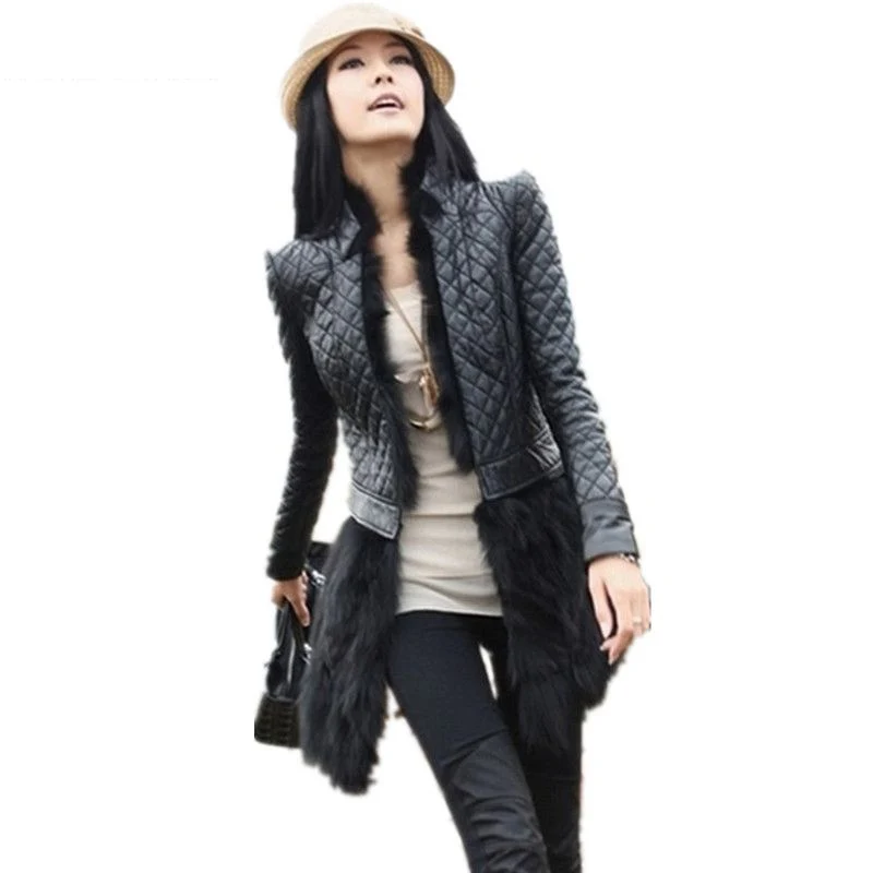 

European Style Rabbit Fur Coat Leather Jacket Women Plus Size 6XL 2021 New Autumn Winter Medium-long PU Leather Clothing