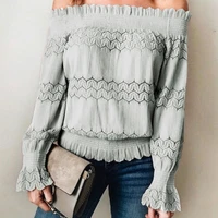 women sexy hollow out casual solid slash neck fashion elegant long sleeve tops shirring lace floral side off shoulder pullover