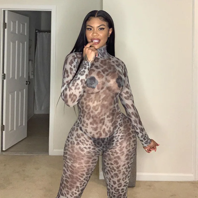 

Oluolin Sexy Leopard Jumpsuit Women Long Sleeve Mesh Playsuits Transparent Black Skinny Outfit Bodycon Clubwear Valentine's Day
