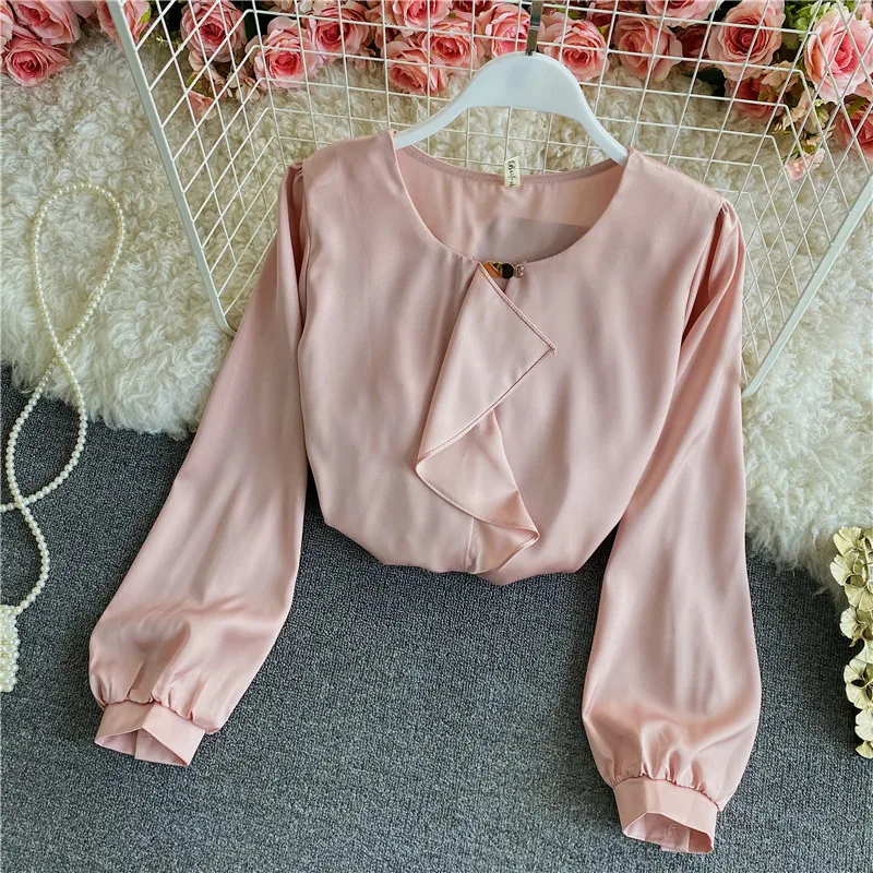 

Women Popular Ruffled Solid Color V-neck Blouse Spring New Office Lady Chiffon Shirt Top TN605