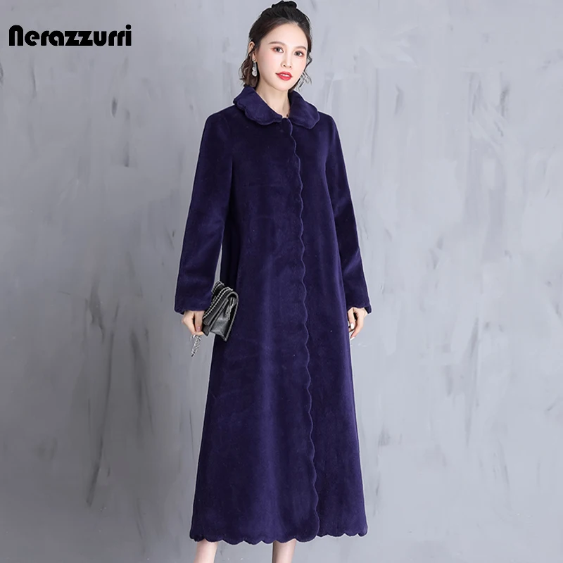 

Зимнее фиолетовое длинное теплое пушистое мягкое пальто Nerazzurri из натурального меха женская отделка фестонами элегантное роскошное шерстя...
