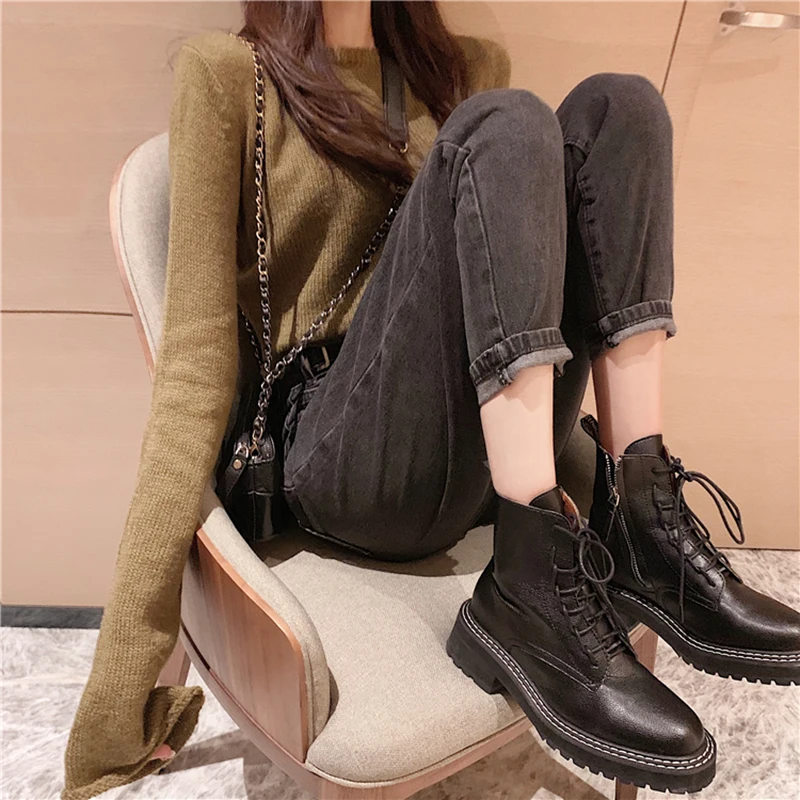 Джинсы до щиколотки с высокой талией Женские однотонные джинсовые