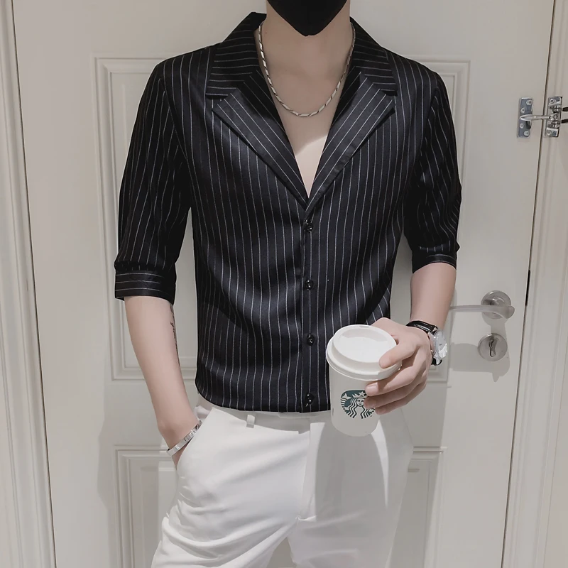 

Camisa Masculina Spring Summer Turn Down Collar Half Sleeve Striped Shirts For Men Clothing 2022 Slim Fit Casual Chemise Homme