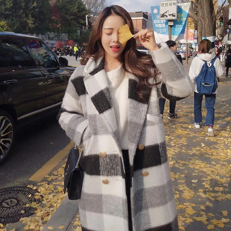 Leiouna/Повседневный длинный кашемировый Тренч в клетку из смесовой шерсти Женское