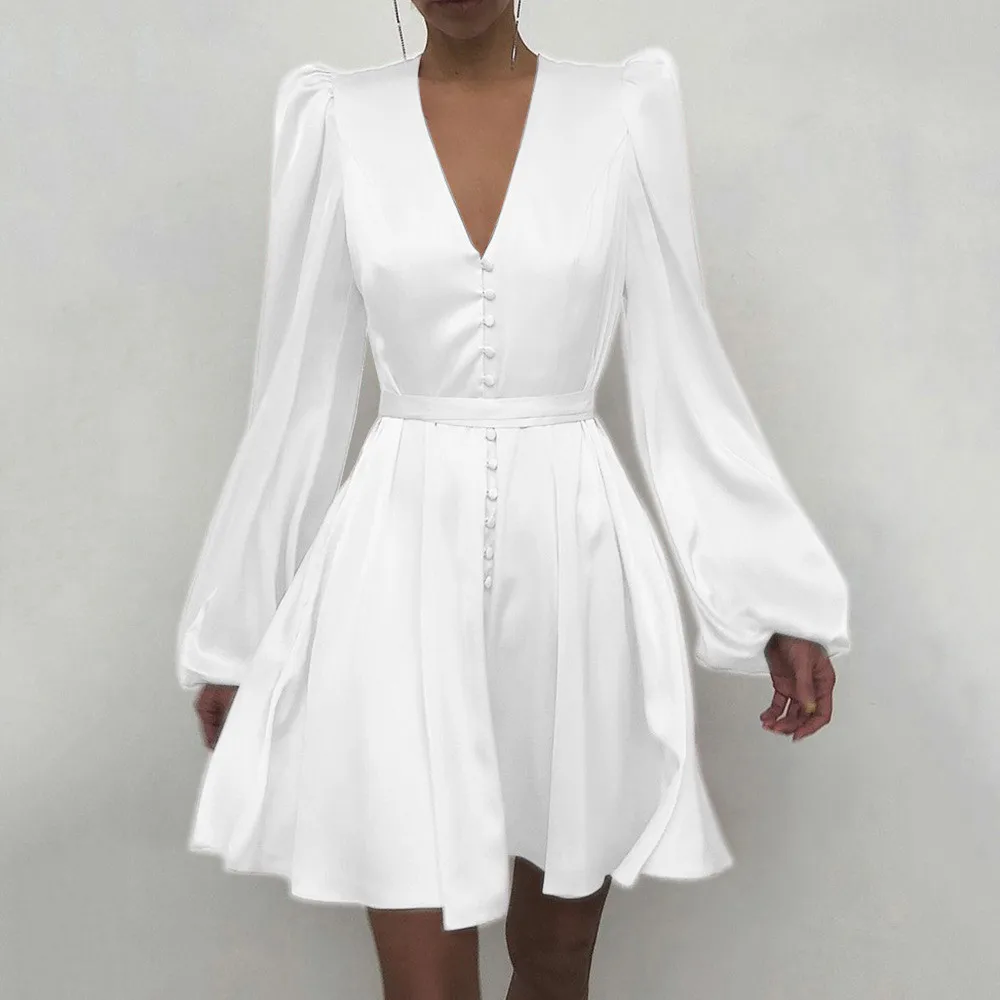 

V-Neck Vestidos Female Sleeve Dress A-Line Lantern for Woman Summer Single-Breasted Women's For Dress Clothing Robes Women A-Li