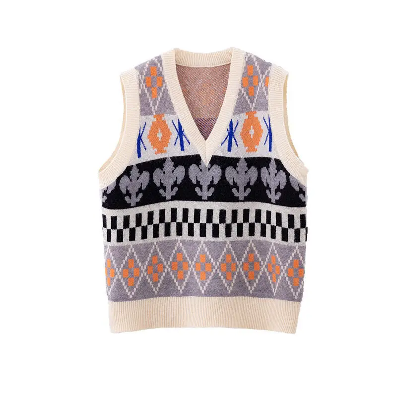 

2021 new spring and autumn college style V-neck knitted vest women loose sleeveless casual student sweater