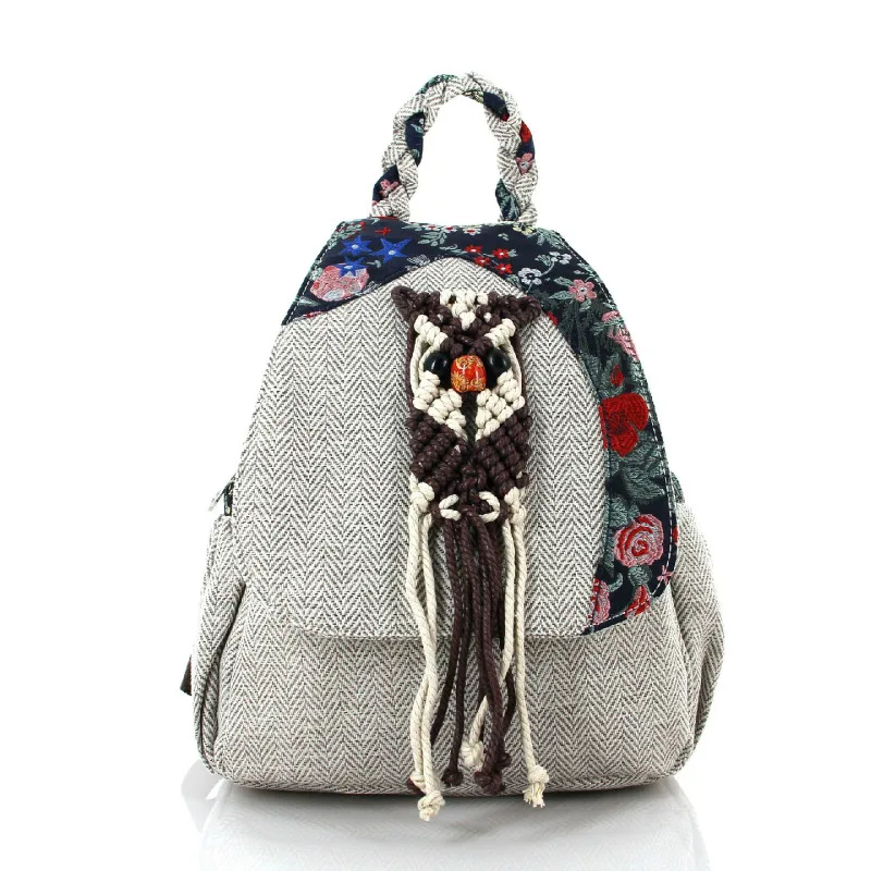 

National Women Linen Backpack Female Embroidery Shoulder Bag Casual Girls Backpack
