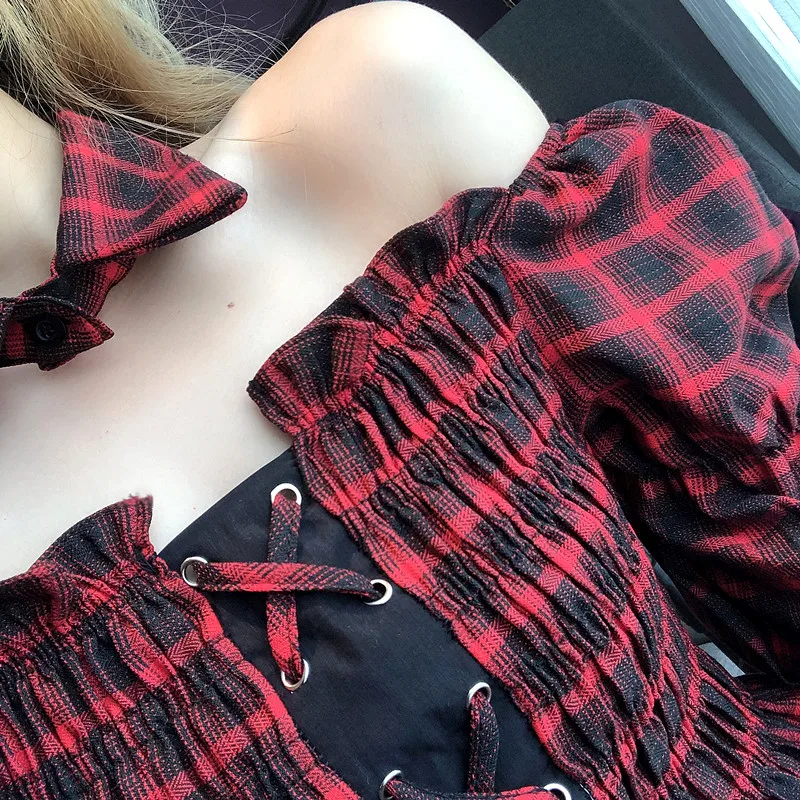 Ruibbit панк Харадзюку Тонкая Клетчатая рубашка Модные женские Топы с длинным