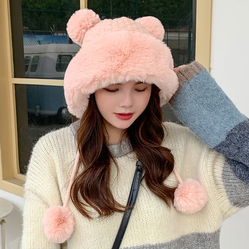 New Women's Fur Ball Fleece-Lined Warm Pullover Cap Outdoor Autumn and Winter Cold-Proof Cute Fashion Wool Hat