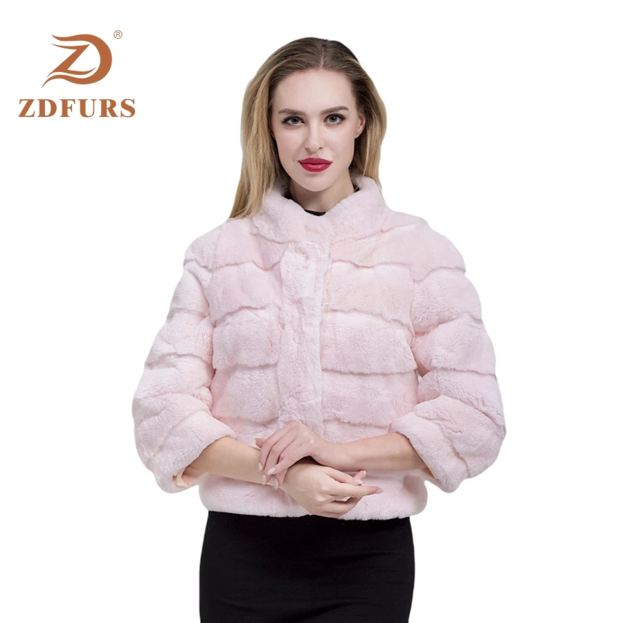 ZDFURS* 2019 New Mandarin Collar Short Jacket 100% Full Pelt Genuine Real Rex Rabbit Fur Coat Stripe Line Natural  waistcoat