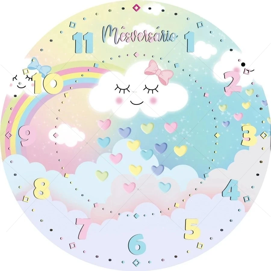 

Часы «Радуга» с белыми облаками, Круглый фон для детского дня рождения, вечеринки, торта, стола, баннер, фон для фотосъемки, круглые чехлы