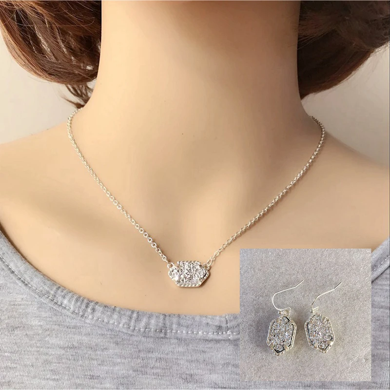 Маленький Druzy Drusy ожерелье серьги ювелирный набор с шестигранным воротником