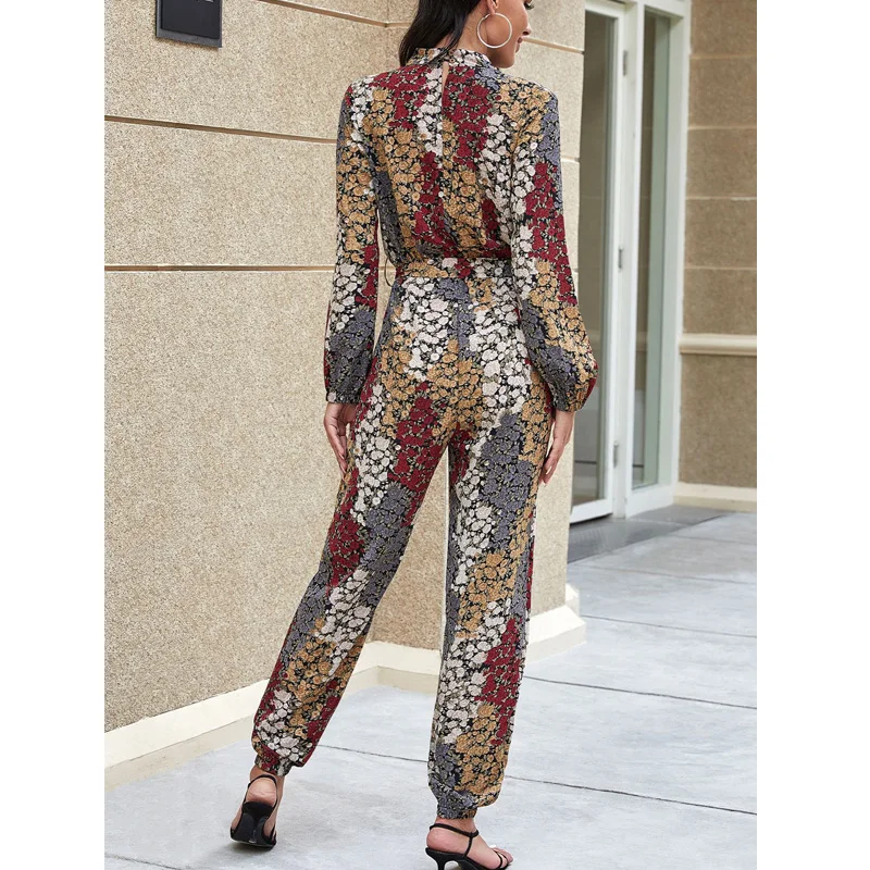 

Elegant Women Floral Print Chiffon Jumpsuit Autumn Long Sleeve Romper Outifts Office Lady Workwear