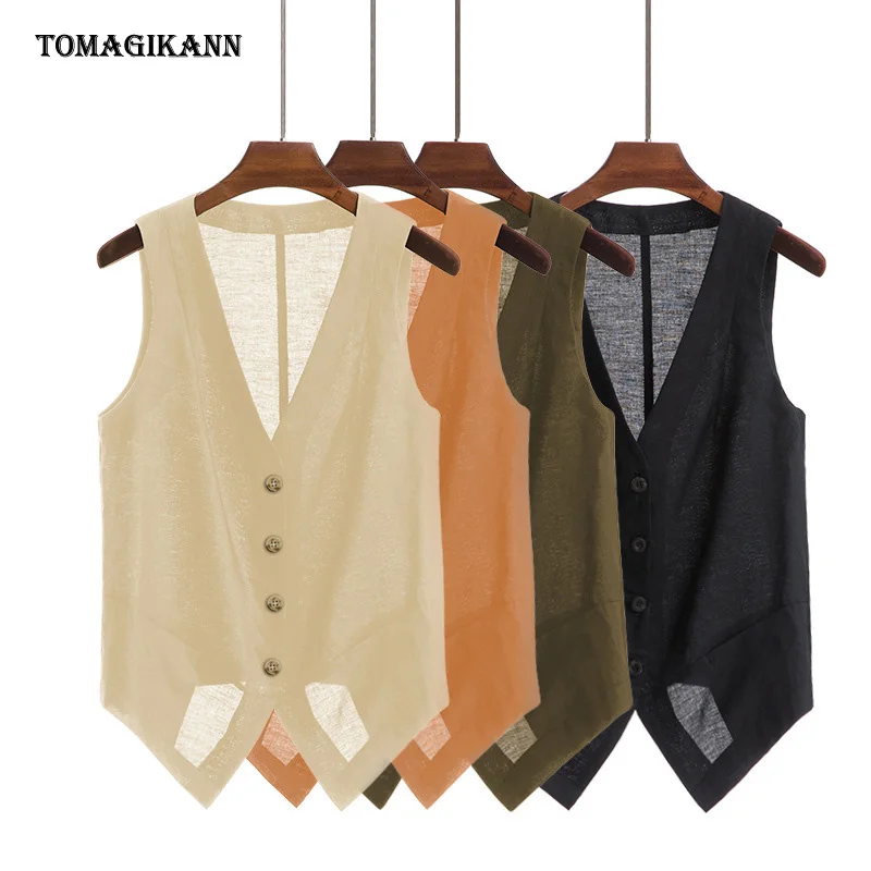 

2021 New Summer Linen Vests for Women V Neck Single Breasted Thin Waistcoat Vintage Casual Office Lady Sleeveless Coat Tops