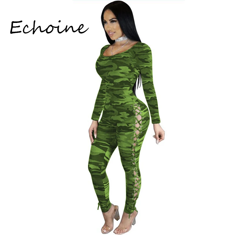 Сексуальный комбинезон осень с длинным рукавом камуфляж боковые корны