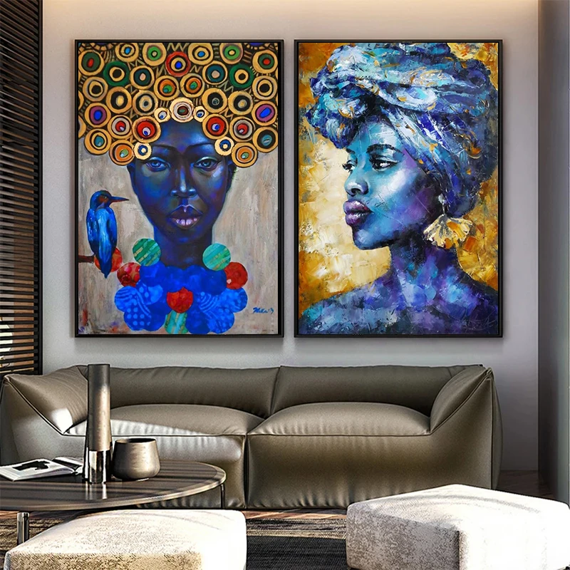 

Abstract blue African woman portrait canvas painting wall art print posters and prints canvas living room home decoration