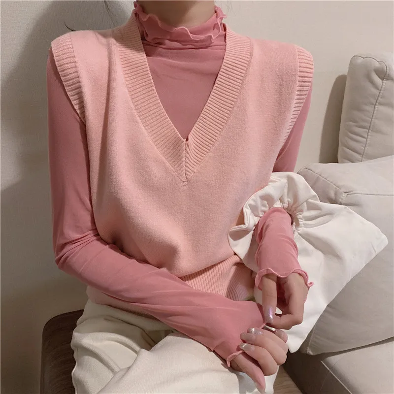 

New Autumn Vest Loose V-neck Sweater Korean Fashion Elegant Preppy Style Pullover Casual Knitted Tops Outwear High Street Vest