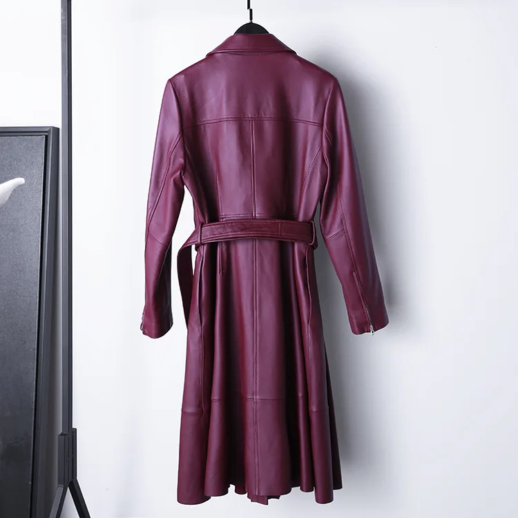 Spring Autumn France Style Women's High Quality Sheepskin Belt Trench Coat Genuine Leather Overcoat F052