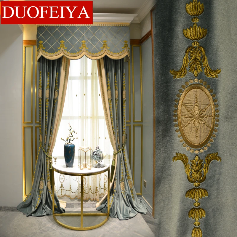 

Custom curtains European living room high-grade embroidery Dutch velvet blue cloth blackout curtain tulle valance drape B407