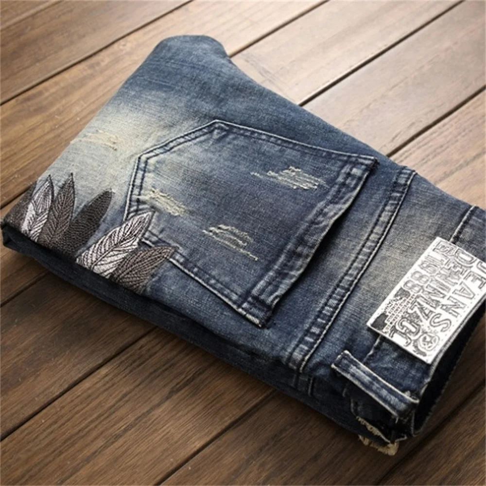 Summer  Indian Skull Multiple Embroidered Jeans Men's Ripped High Street Pants Soft Red Ears Blue Slim 2020 Western Style Cotton