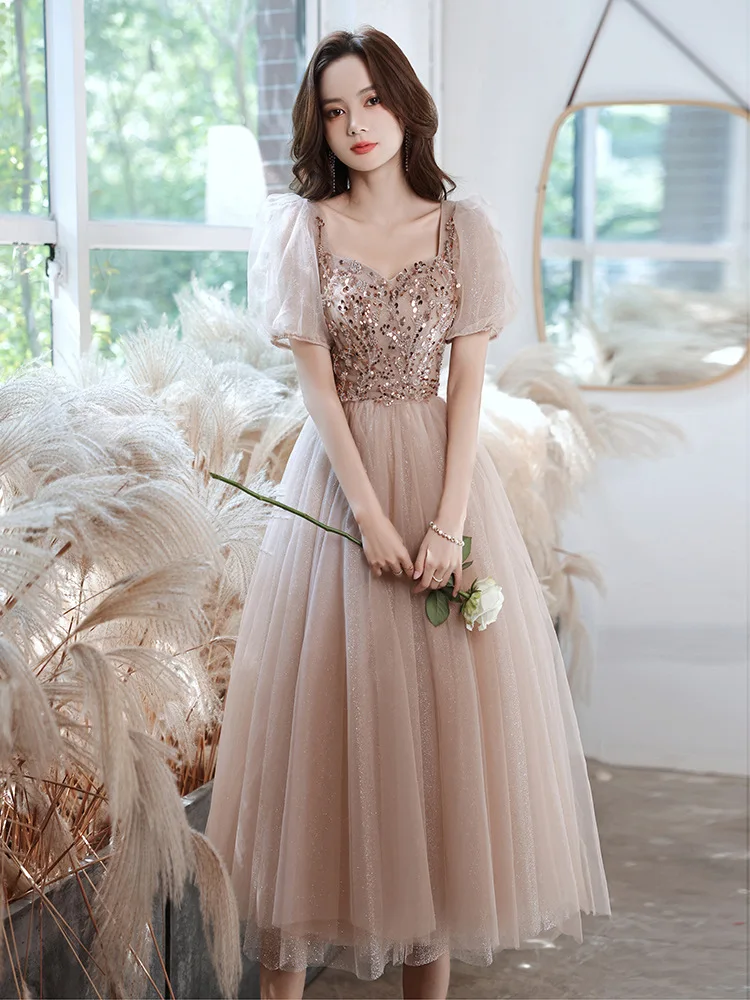 Classic Women Prom Dress Puff Sleeve Beading Sequins Tulle Princess Gowns Female Slim A-Line Banquet Dresses | Свадьбы и торжества