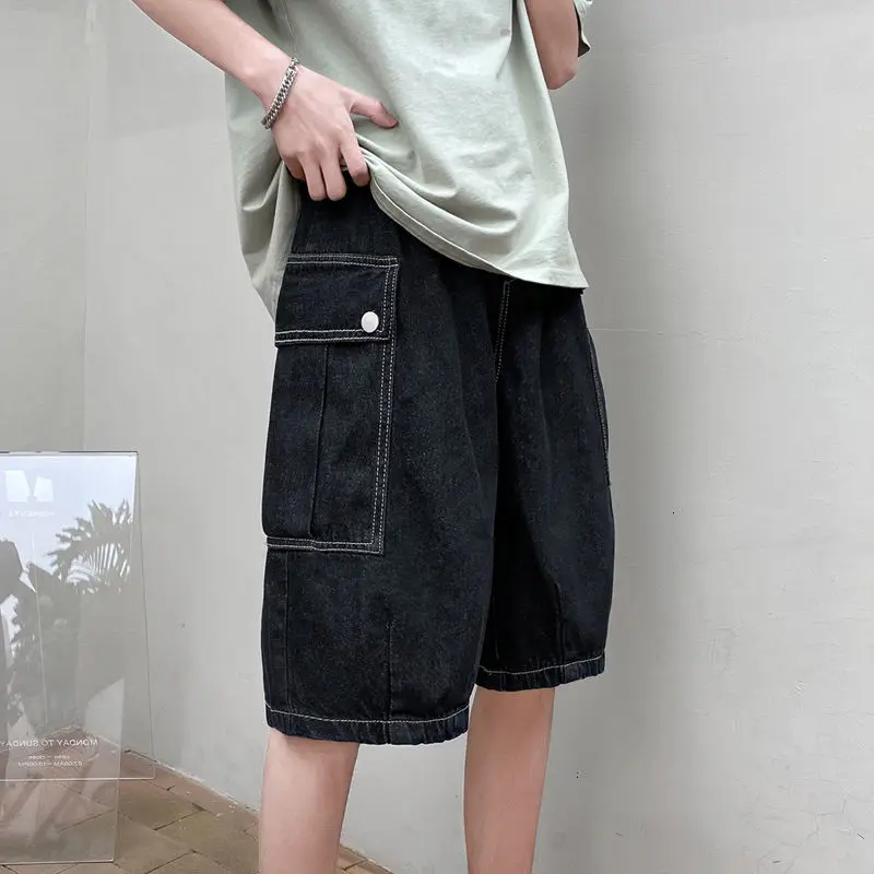 

Шорты HYBSKR мужские джинсовые с большими карманами, свободные прямые повседневные, в стиле хип-хоп, летние