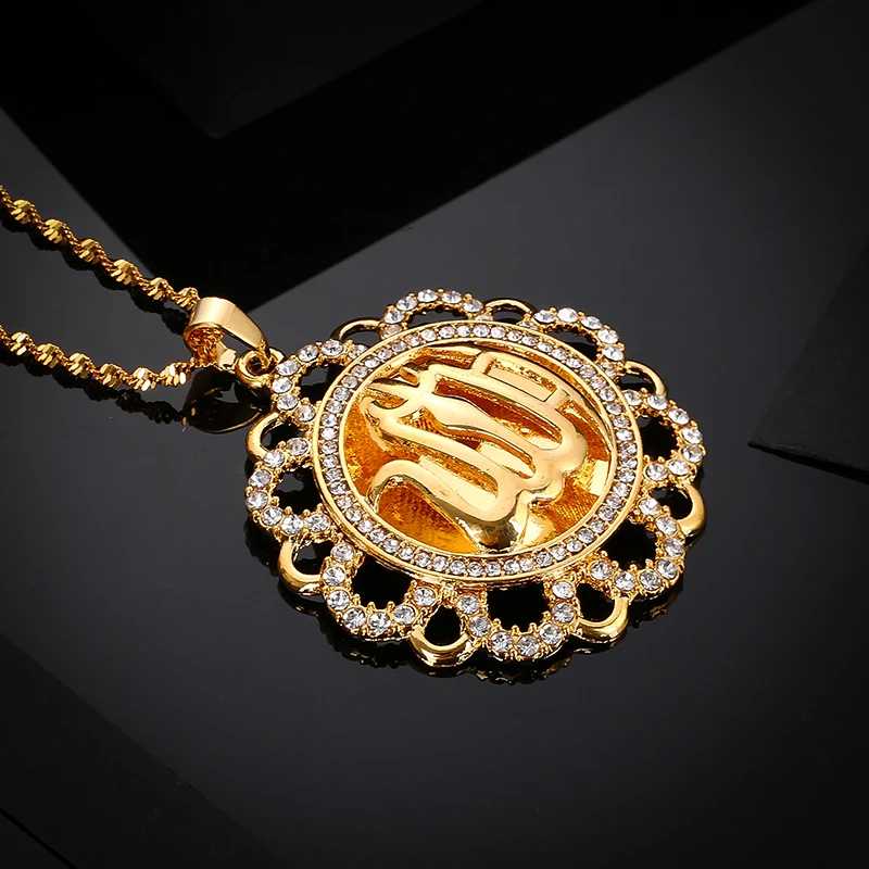 18k gold Мусульманский Исламский Аллах кулон Цепочки и ожерелья s для мужчин и женщин религиозный Тотем с полными бриллиантатми Цепочки и ожерелья Аравия Ювелирные изделия из кристаллов - Окраска металла: 18k gold