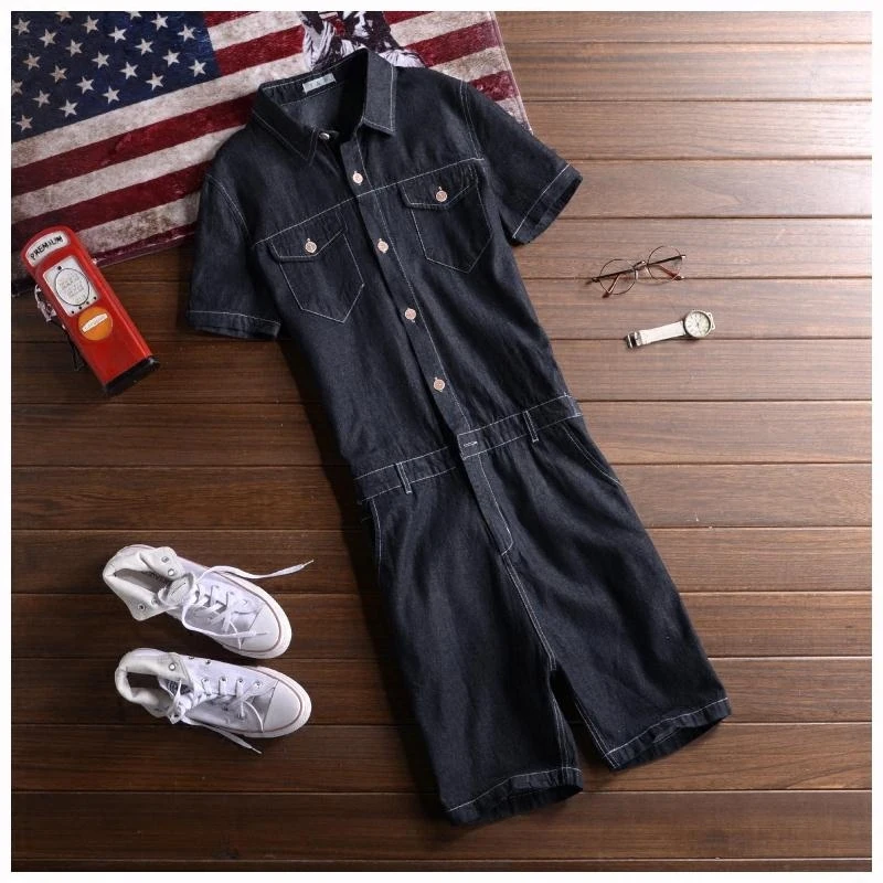 Джинсовый комбинезон мужской с отложным воротником короткий рукав облегающие