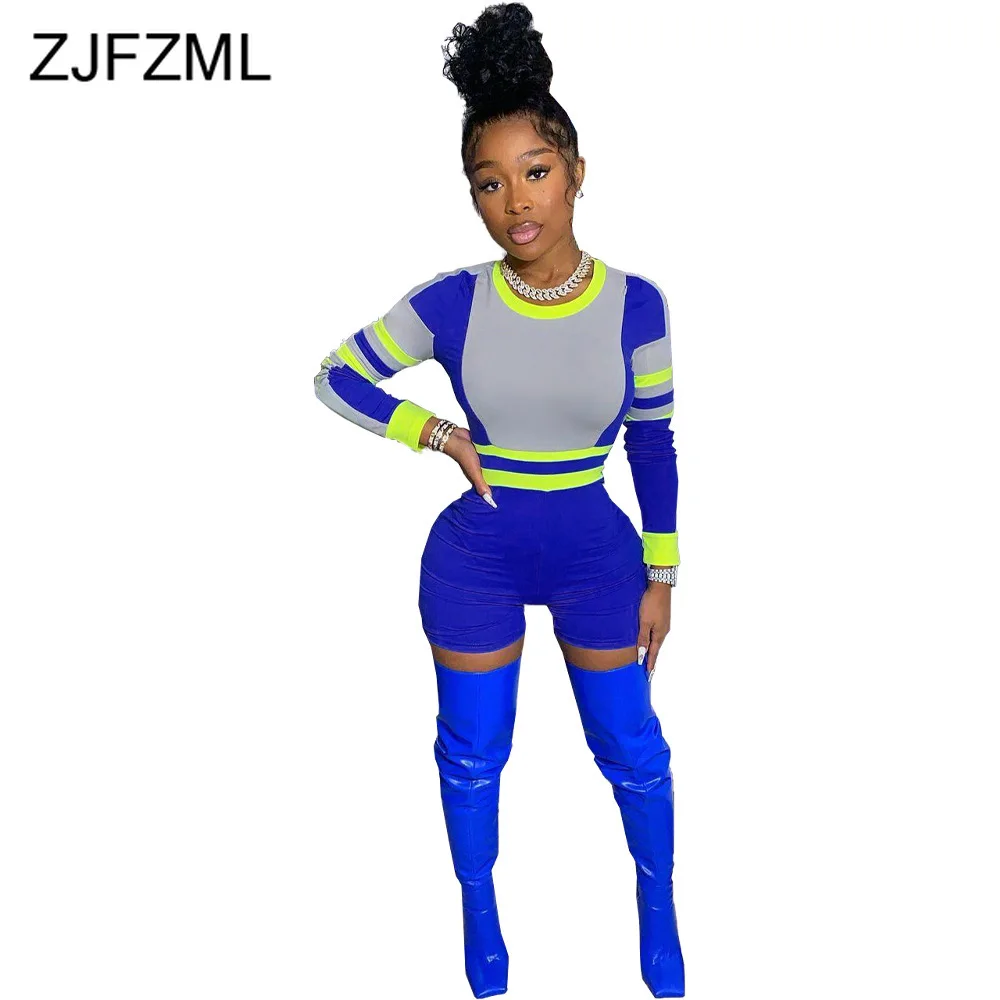 

Neon Color Bodycon Rompers Women Jumpsuit 2021 High Quality O-neck Long Sleeve Short Playsuit Streetwear Slim Fit Skinny Overall