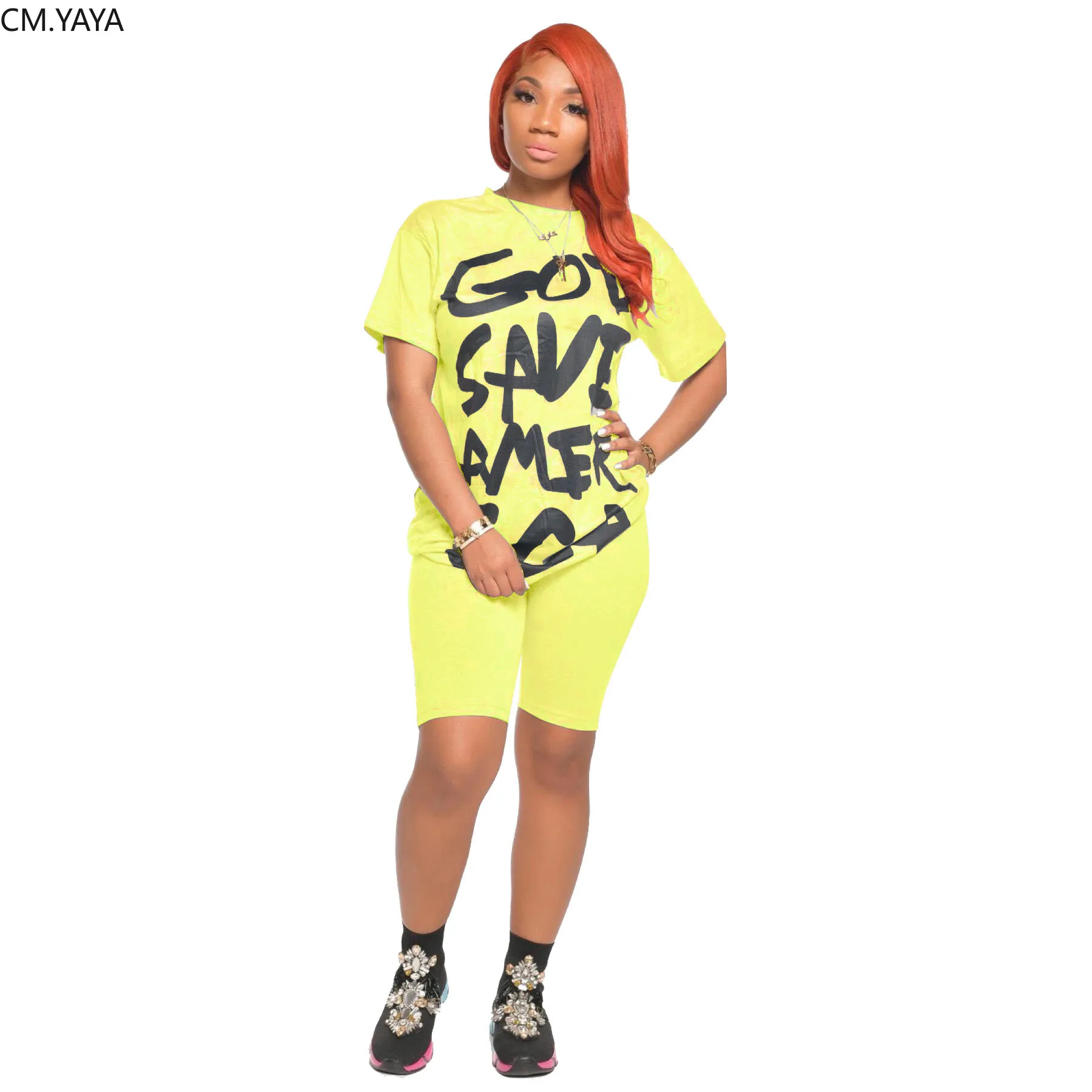 CM.YAYA Classic Women Matching Set Letter Print Tee Tops Knee Length Jogger Pant Suit Two Piece Sport Tracksuit Outfit | Женская одежда
