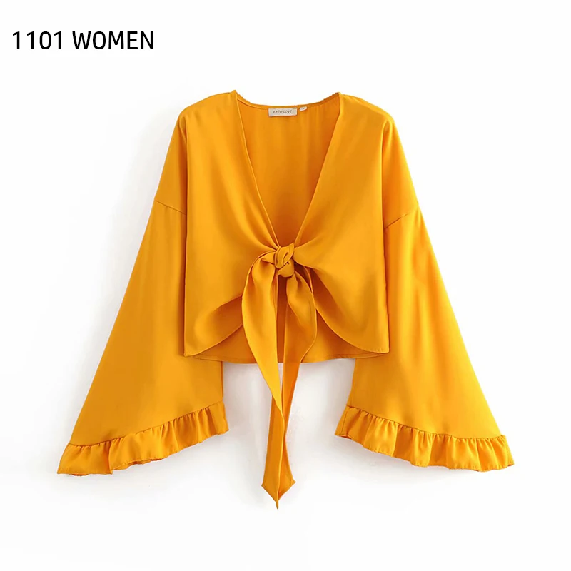 Женский короткий кардиган с расклешенными рукавами ZA повседневный желтый