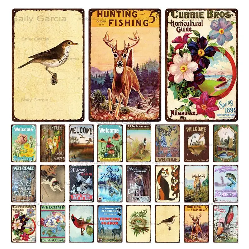 Ретро животное цветок Олово знак волк рыба олень птица металлические тарелки