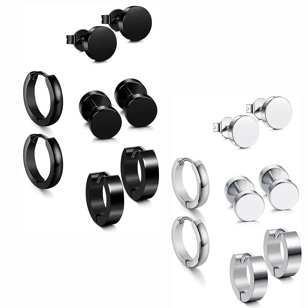 

4Pair/Set Stainless Steel Hoop Earrings Piercing Earring For Women Men Punk Gothic Barbell Ball Stud Earrings Silver Tone Black