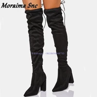 new long over the knee lace up black boots side zipper stilettos thick high heel boots flock shoes women boots botas de mujer