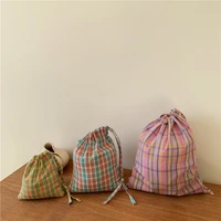 korean cotton fabric drawstring bag grid canvas storage makeup bags hand bag small food organizer women shoes pouch travel