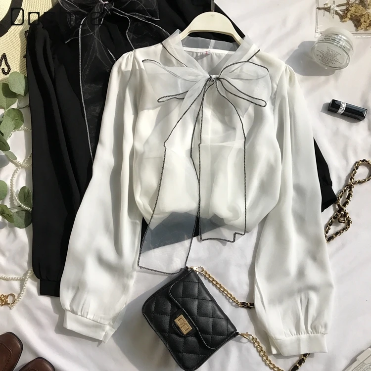 

Women's Single-breasted Long Lantern Sleeve Bow Shirt 2022 Spring New Stylish Fairy Princess White Slim Fit Elegant Chiffon Tops